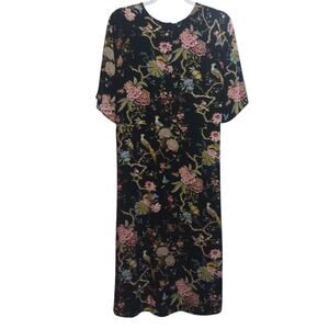 GP&J Baker x H&M Midi Shift Bohemian Dress Black Floral Birds Casual Size L